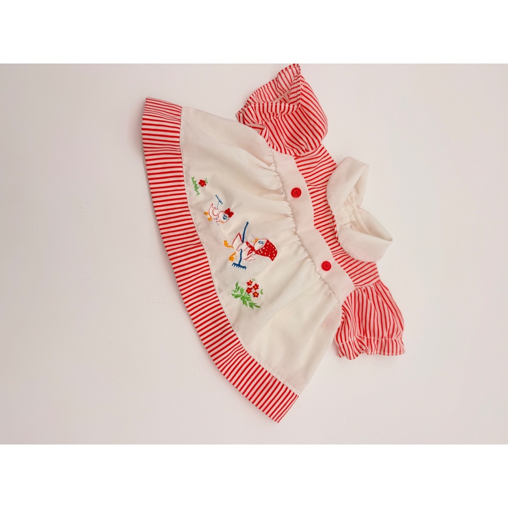 Vintage Red White Striped Embroidered Chicken Baby Dress Birth-3 Months RN27046